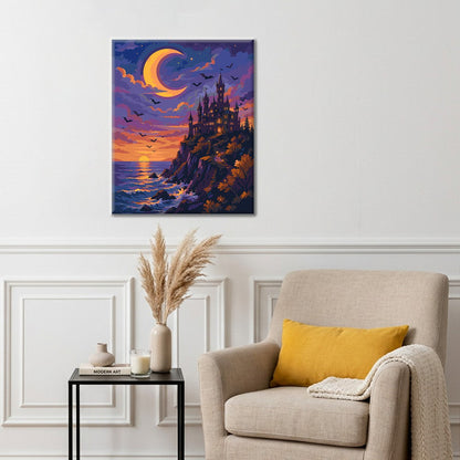 Château au clair de lune au-dessus de la mer – Peinture par numéros