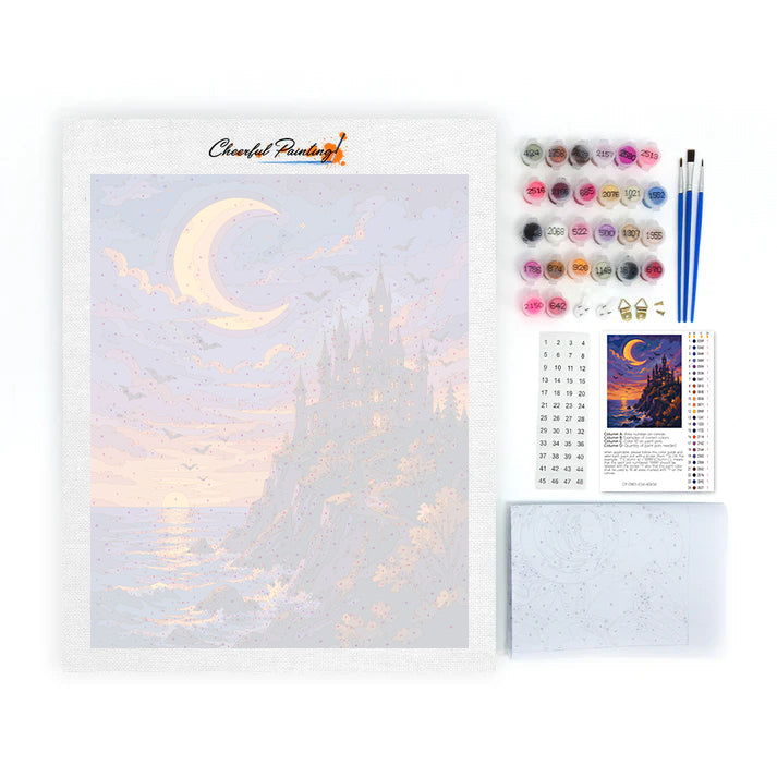 Château au clair de lune au-dessus de la mer – Peinture par numéros