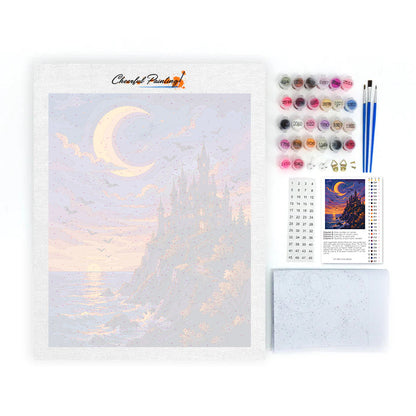 Château au clair de lune au-dessus de la mer – Peinture par numéros