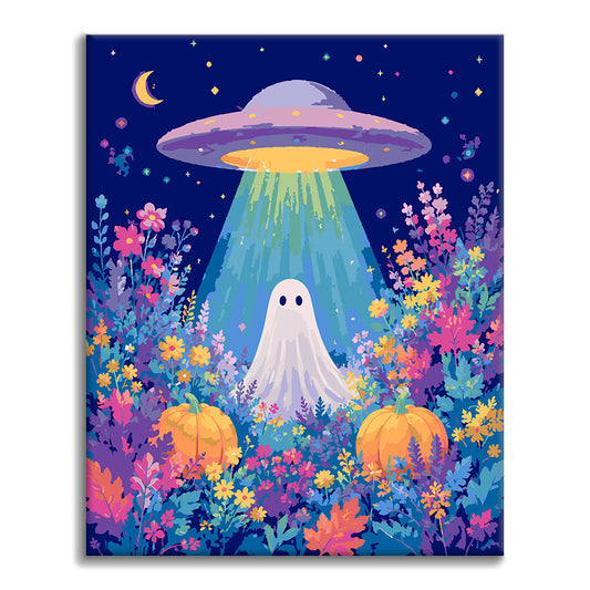UFO et fantôme dans un champ de fleurs – Peinture par numéros