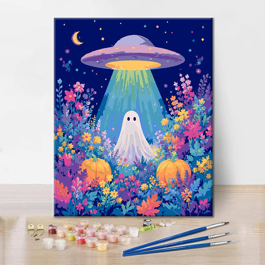UFO et fantôme dans un champ de fleurs – Peinture par numéros