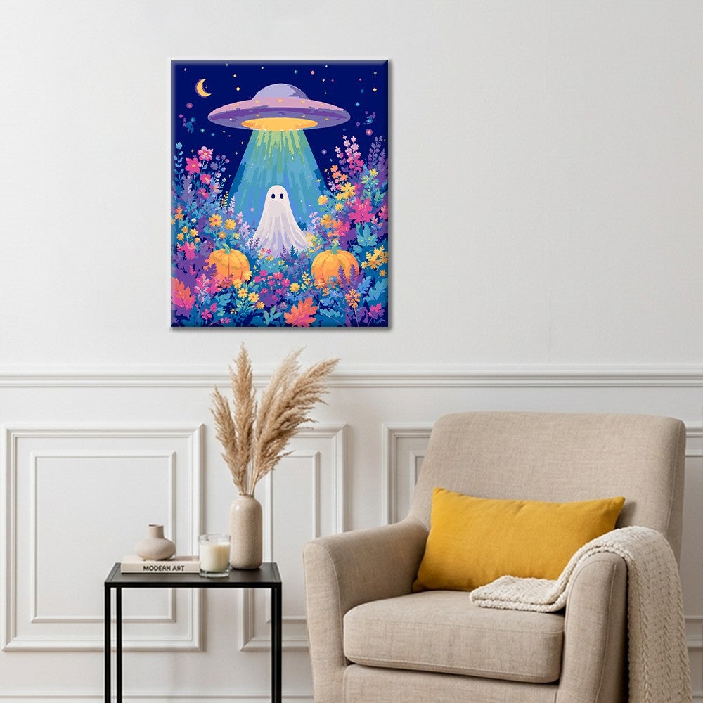 UFO et fantôme dans un champ de fleurs – Peinture par numéros