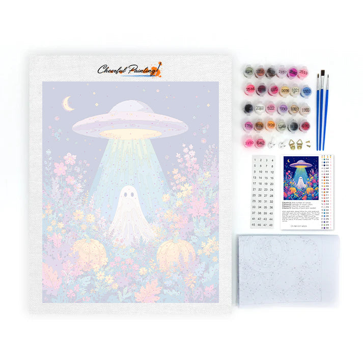 UFO et fantôme dans un champ de fleurs – Peinture par numéros