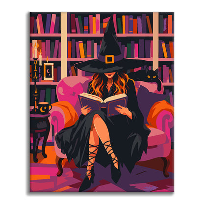 Sorcière lisant dans une bibliothèque rose – Peinture par numéros