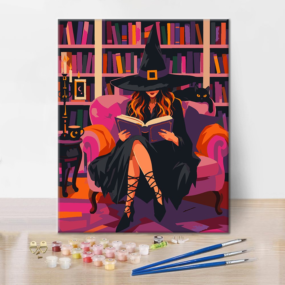 Sorcière lisant dans une bibliothèque rose – Peinture par numéros