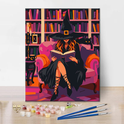 Sorcière lisant dans une bibliothèque rose – Peinture par numéros
