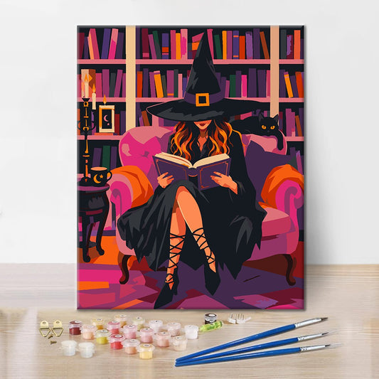 Sorcière lisant dans une bibliothèque rose – Peinture par numéros