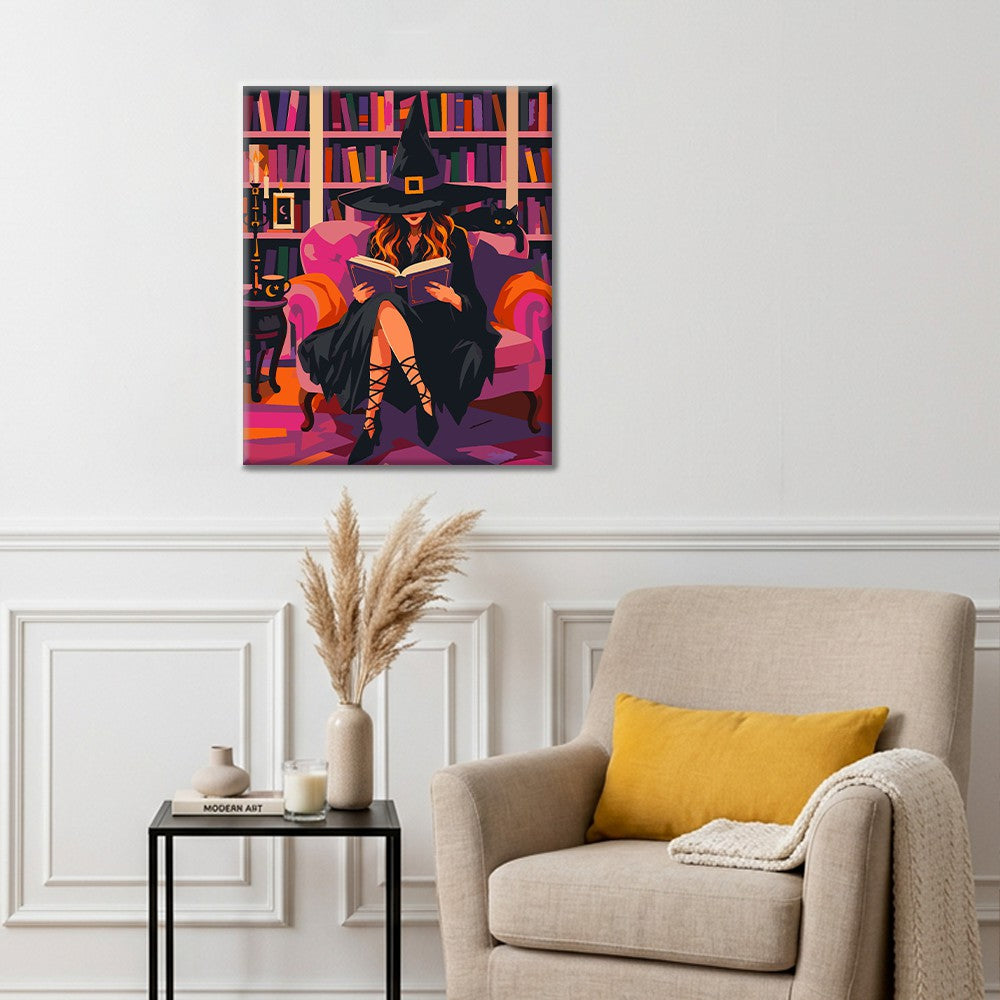 Sorcière lisant dans une bibliothèque rose – Peinture par numéros