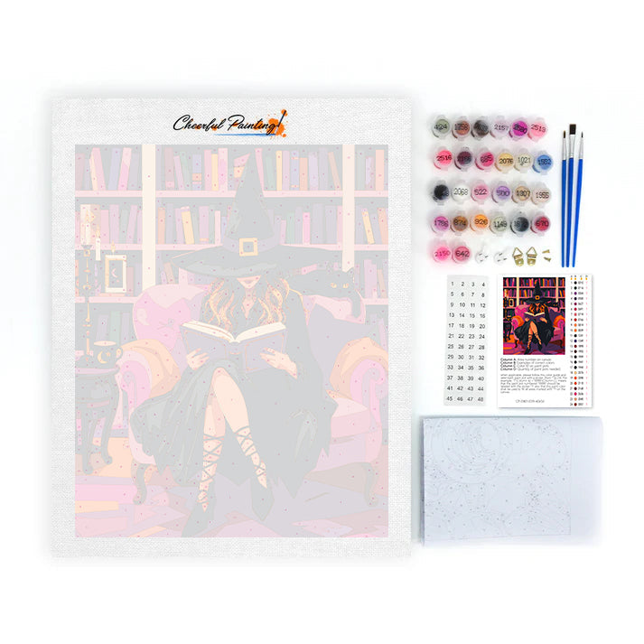 Sorcière lisant dans une bibliothèque rose – Peinture par numéros