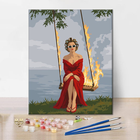 Femme sur une balançoire enflammée – Peinture par numéros