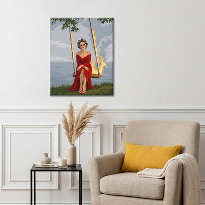 Femme sur une balançoire enflammée – Peinture par numéros