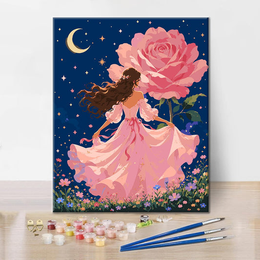 Princesse à la rose au clair de lune – Peinture par numéros