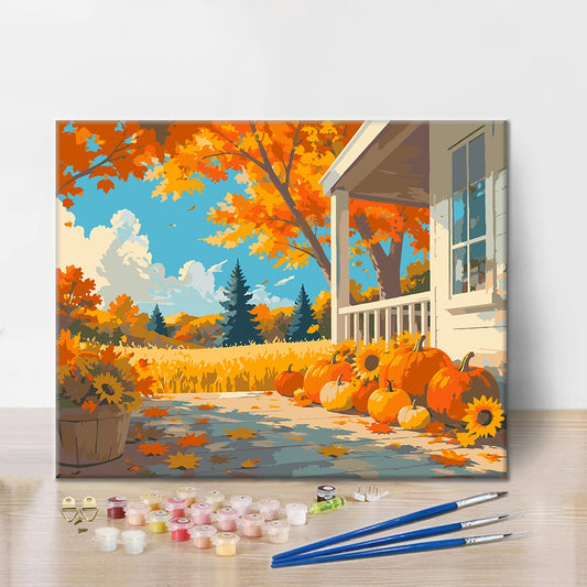 Citrouilles sur un porche d’automne – Peinture par numéros