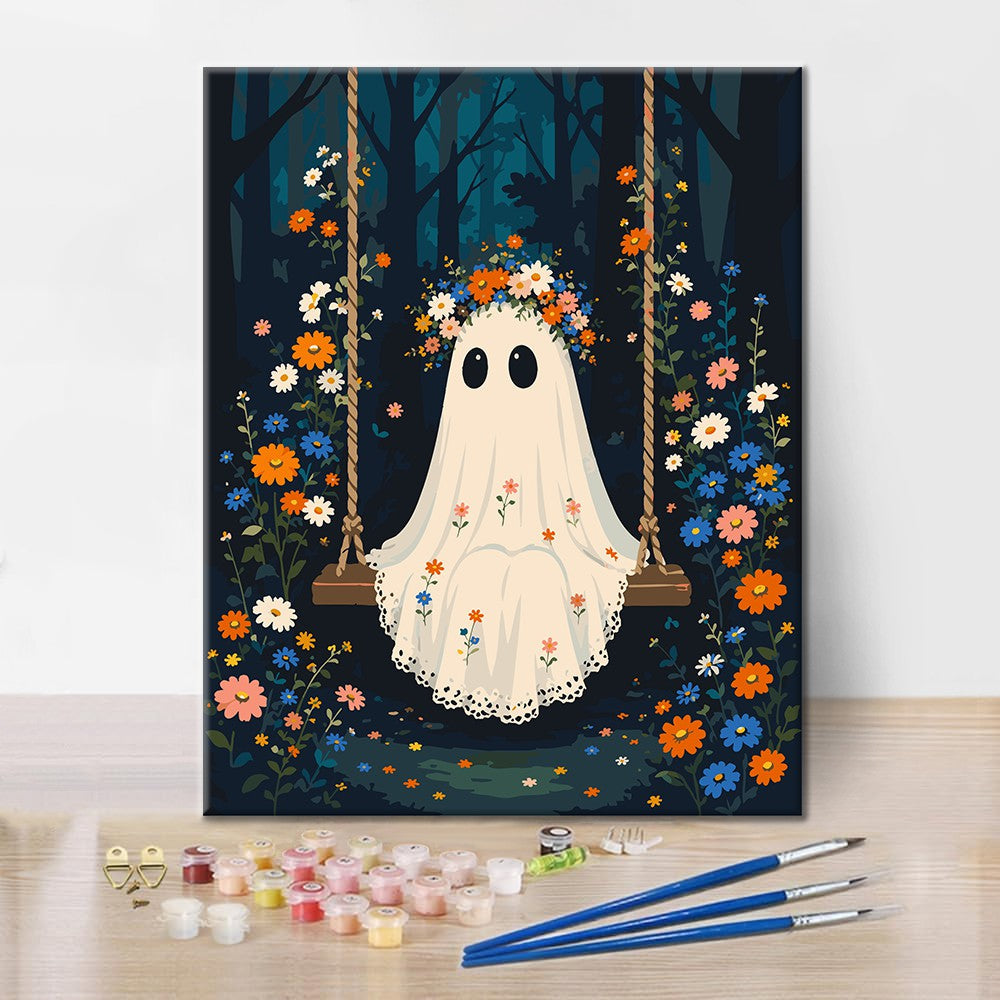 Fantôme sur une balançoire forestière – Peinture par numéros