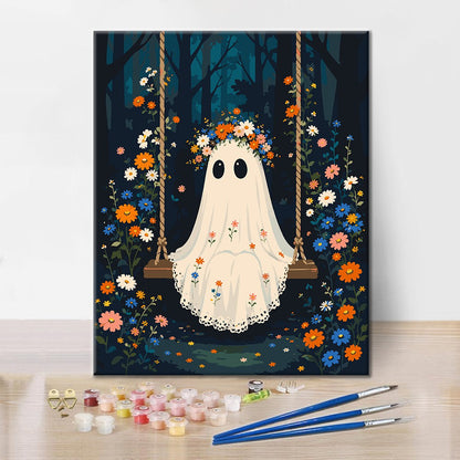 Fantôme sur une balançoire forestière – Peinture par numéros
