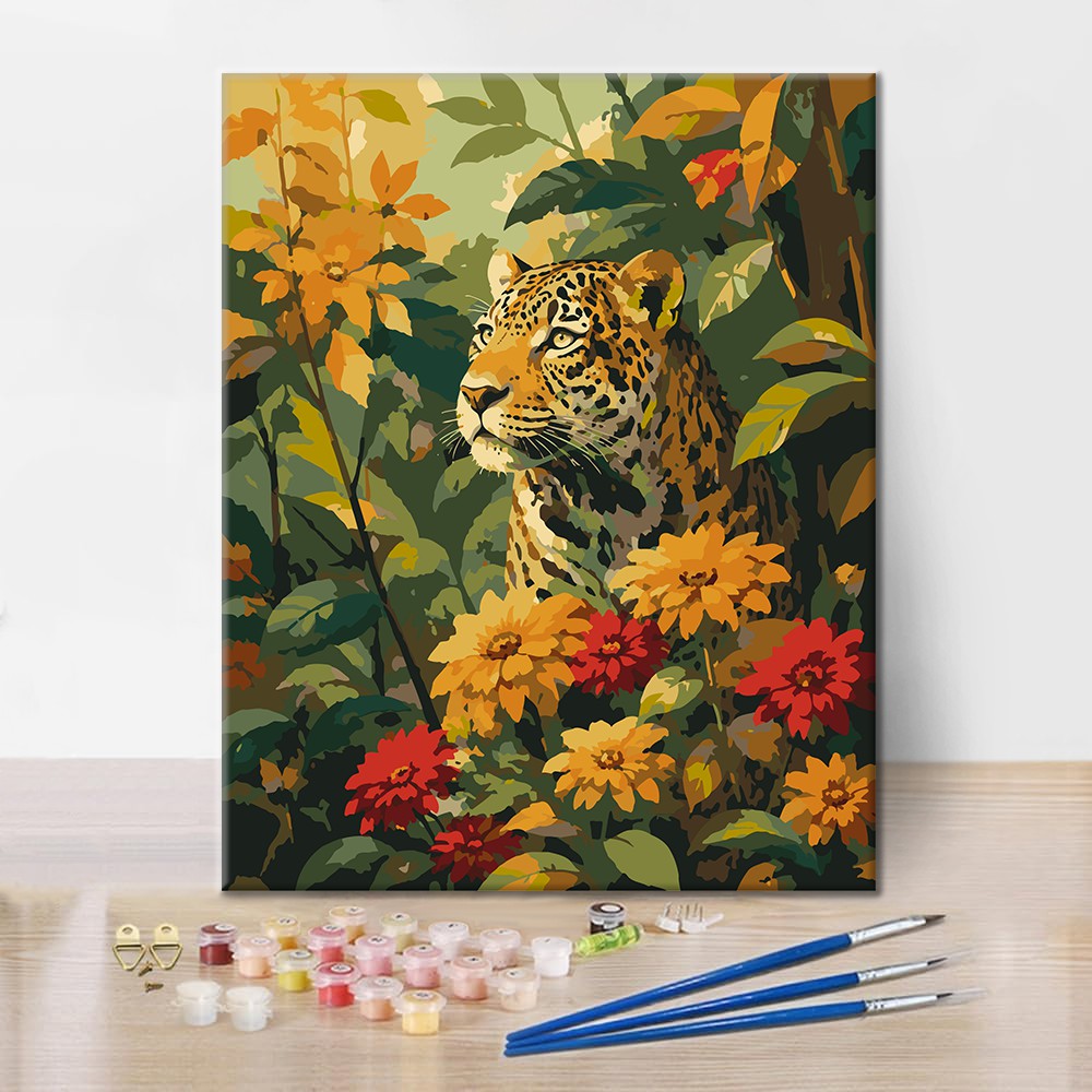 Léopard parmi les fleurs tropicales – Peinture par numéros