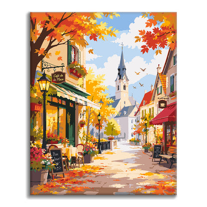 Rue ensoleillée des cafés d’automne – Peinture par numéros