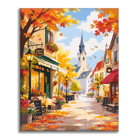 Rue ensoleillée des cafés d’automne – Peinture par numéros