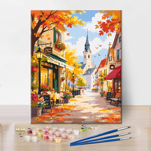 Rue ensoleillée des cafés d’automne – Peinture par numéros