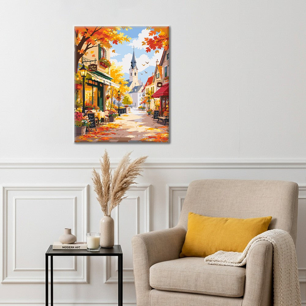 Rue ensoleillée des cafés d’automne – Peinture par numéros