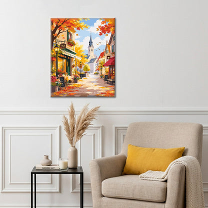 Rue ensoleillée des cafés d’automne – Peinture par numéros
