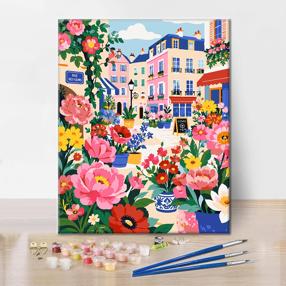 Rue parisienne fleurie – Peinture par numéros