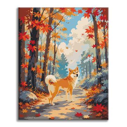 Shiba Inu dans une forêt d’automne – Peinture par numéros