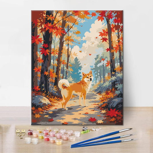 Shiba Inu dans une forêt d’automne – Peinture par numéros