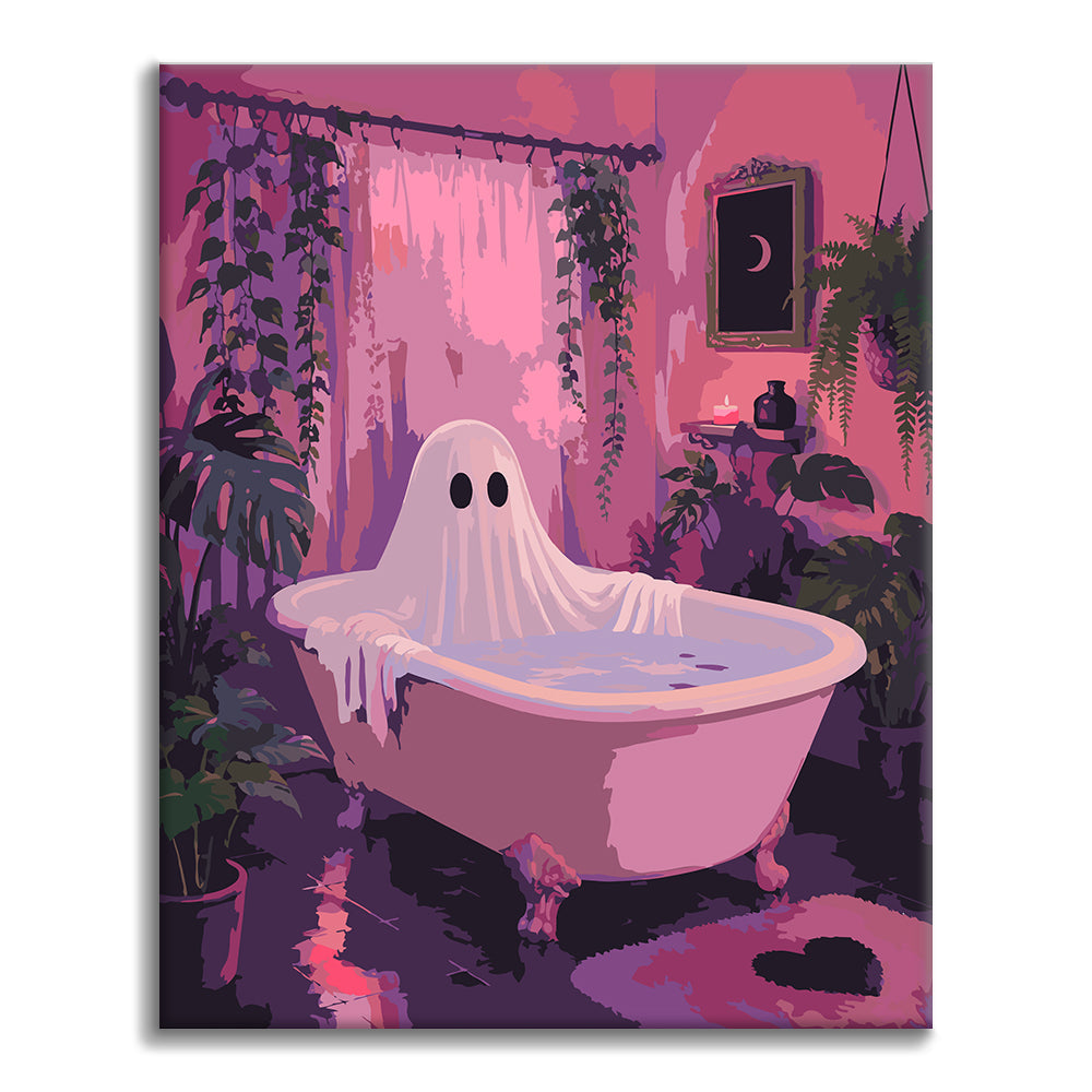 Fantôme dans une baignoire rose – Peinture par numéros