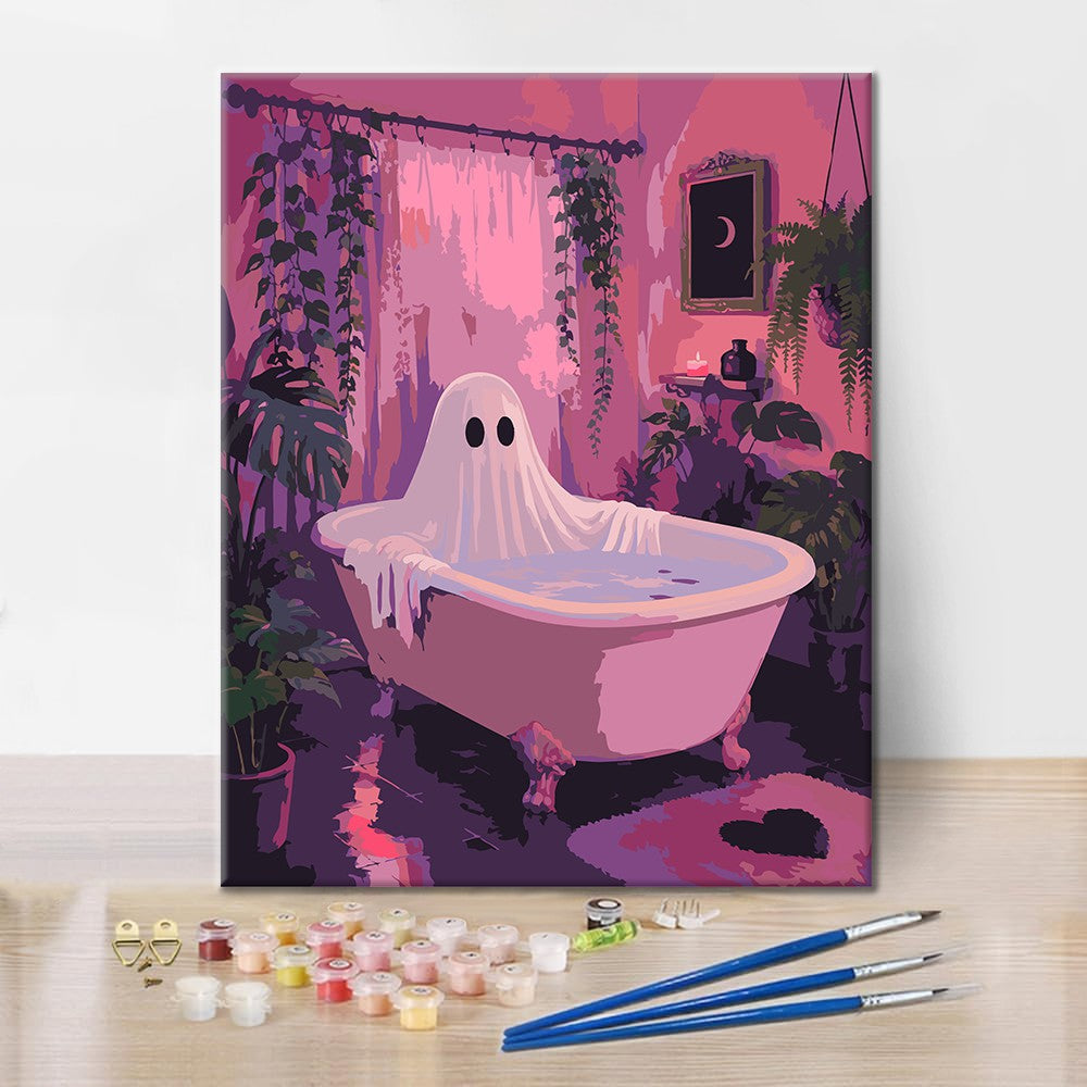 Fantôme dans une baignoire rose – Peinture par numéros