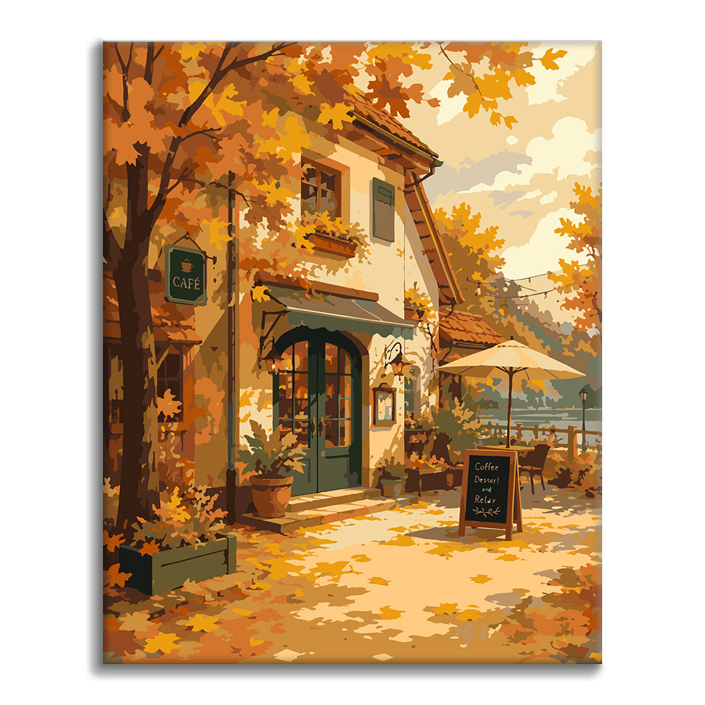Café de village en automne – Peinture par numéros