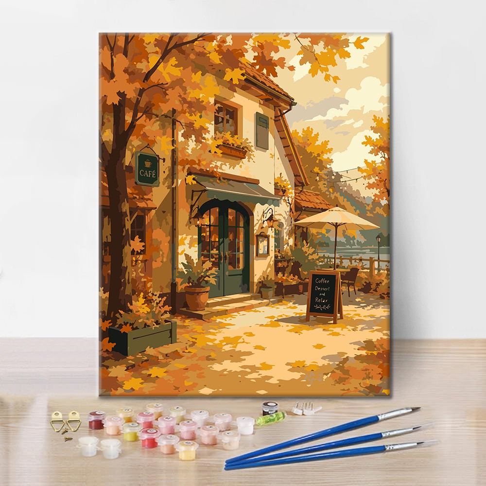 Café de village en automne – Peinture par numéros