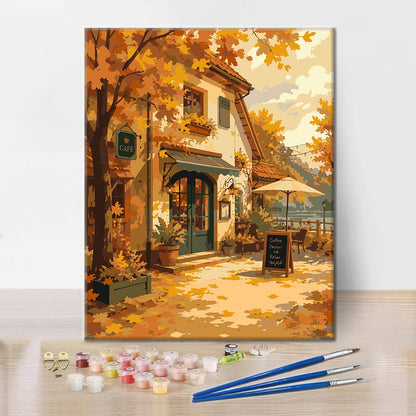 Café de village en automne – Peinture par numéros