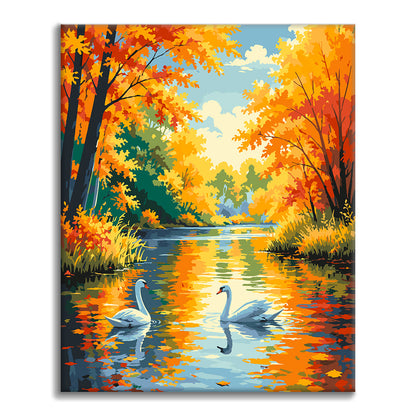 Cygnes sur une rivière d’automne – Peinture par numéros