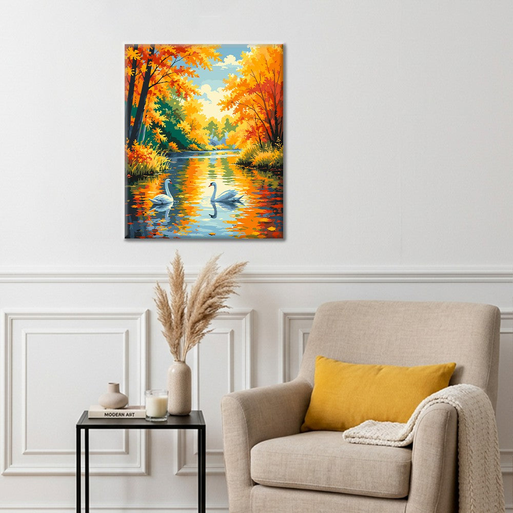 Cygnes sur une rivière d’automne – Peinture par numéros
