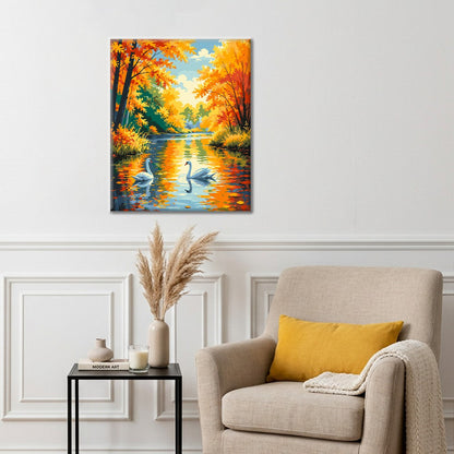 Cygnes sur une rivière d’automne – Peinture par numéros