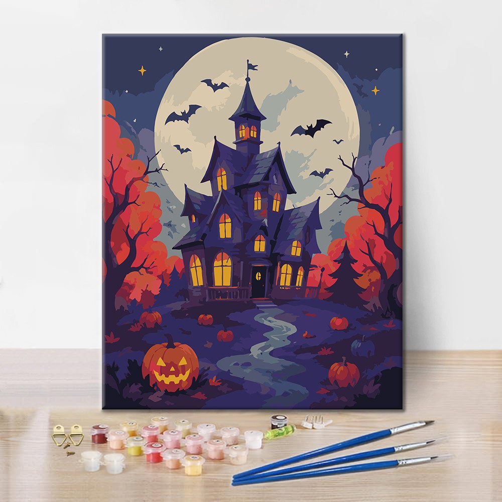 Maison hantée sous la pleine lune – Peinture par numéros