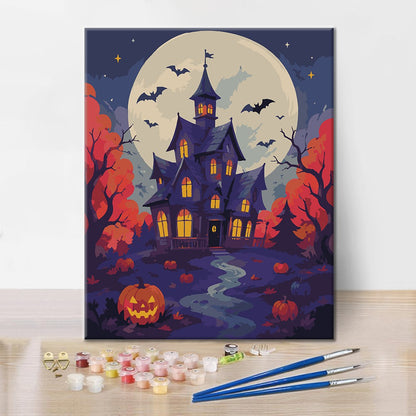 Maison hantée sous la pleine lune – Peinture par numéros