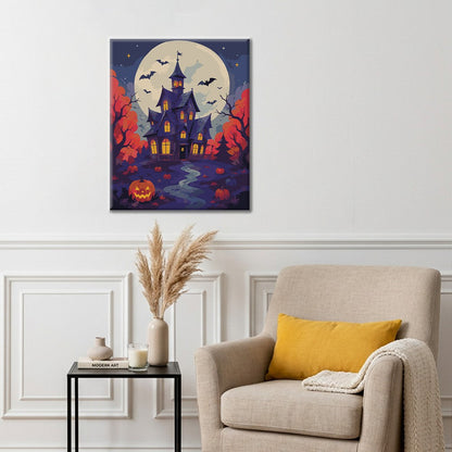 Maison hantée sous la pleine lune – Peinture par numéros