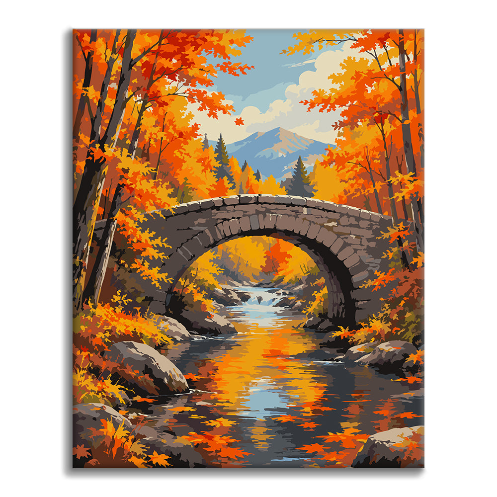 Pont de pierre sur un ruisseau d’automne – Peinture par numéros
