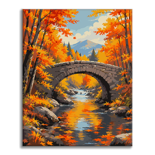 Pont de pierre sur un ruisseau d’automne – Peinture par numéros