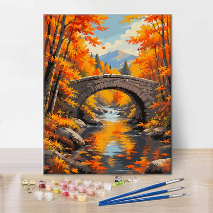 Pont de pierre sur un ruisseau d’automne – Peinture par numéros