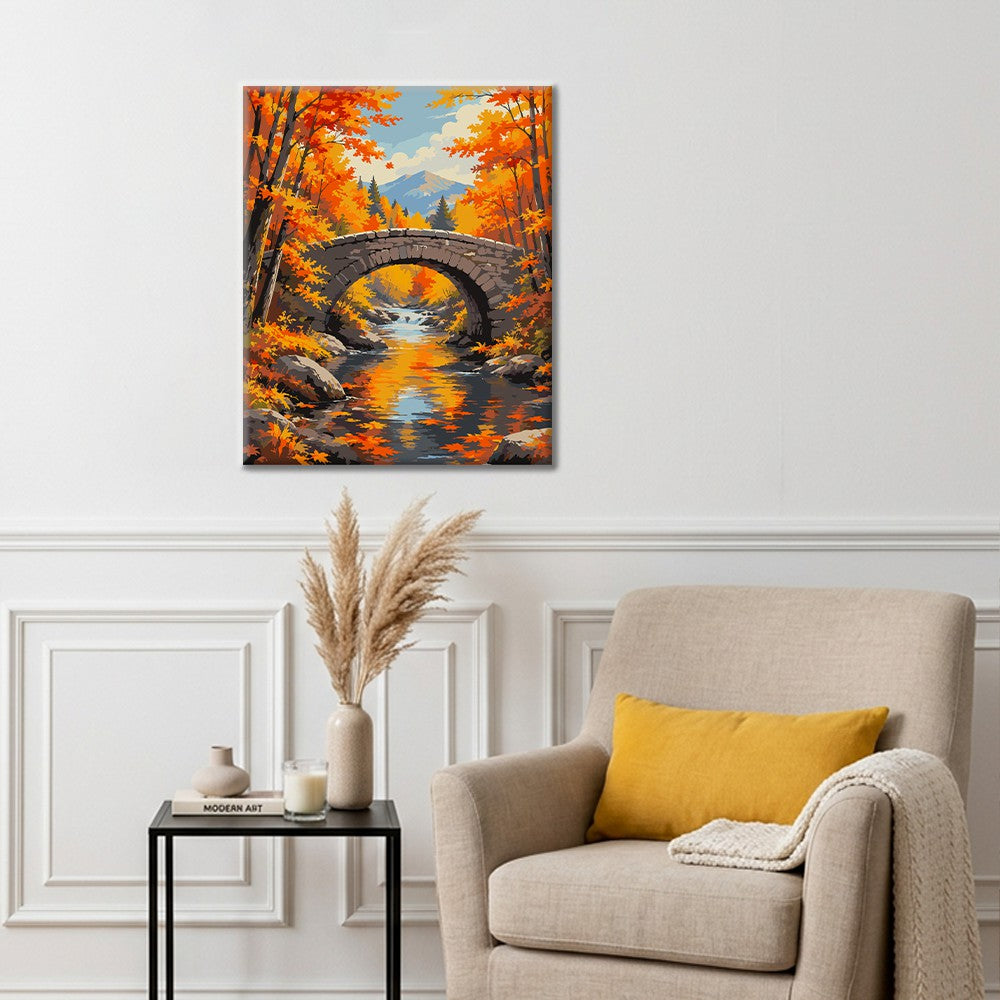 Pont de pierre sur un ruisseau d’automne – Peinture par numéros