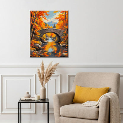 Pont de pierre sur un ruisseau d’automne – Peinture par numéros