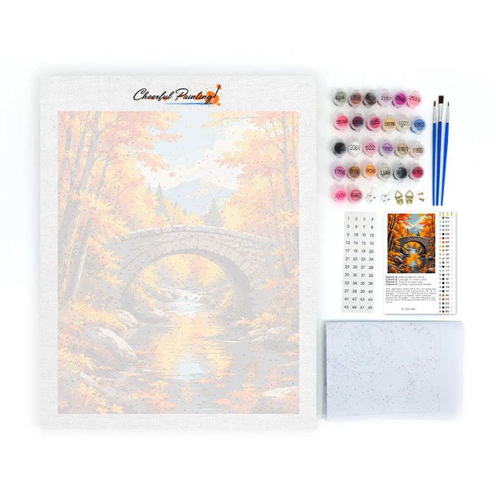 Pont de pierre sur un ruisseau d’automne – Peinture par numéros
