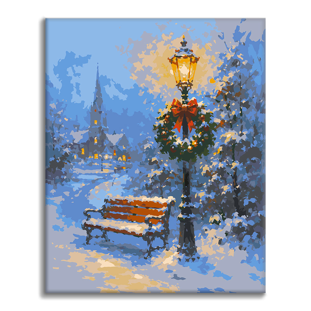 Banc enneigé et lampe de fête – Peinture par numéros
