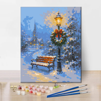 Banc enneigé et lampe de fête – Peinture par numéros