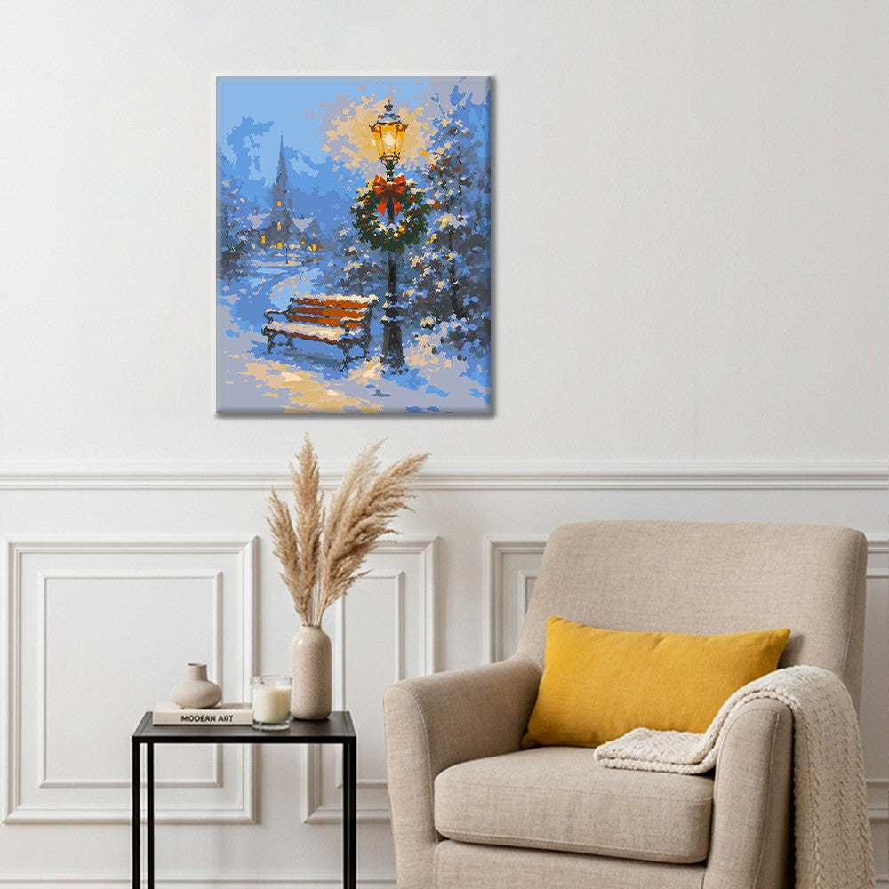 Banc enneigé et lampe de fête – Peinture par numéros