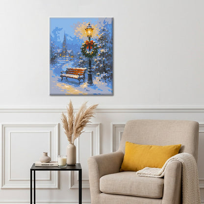 Banc enneigé et lampe de fête – Peinture par numéros