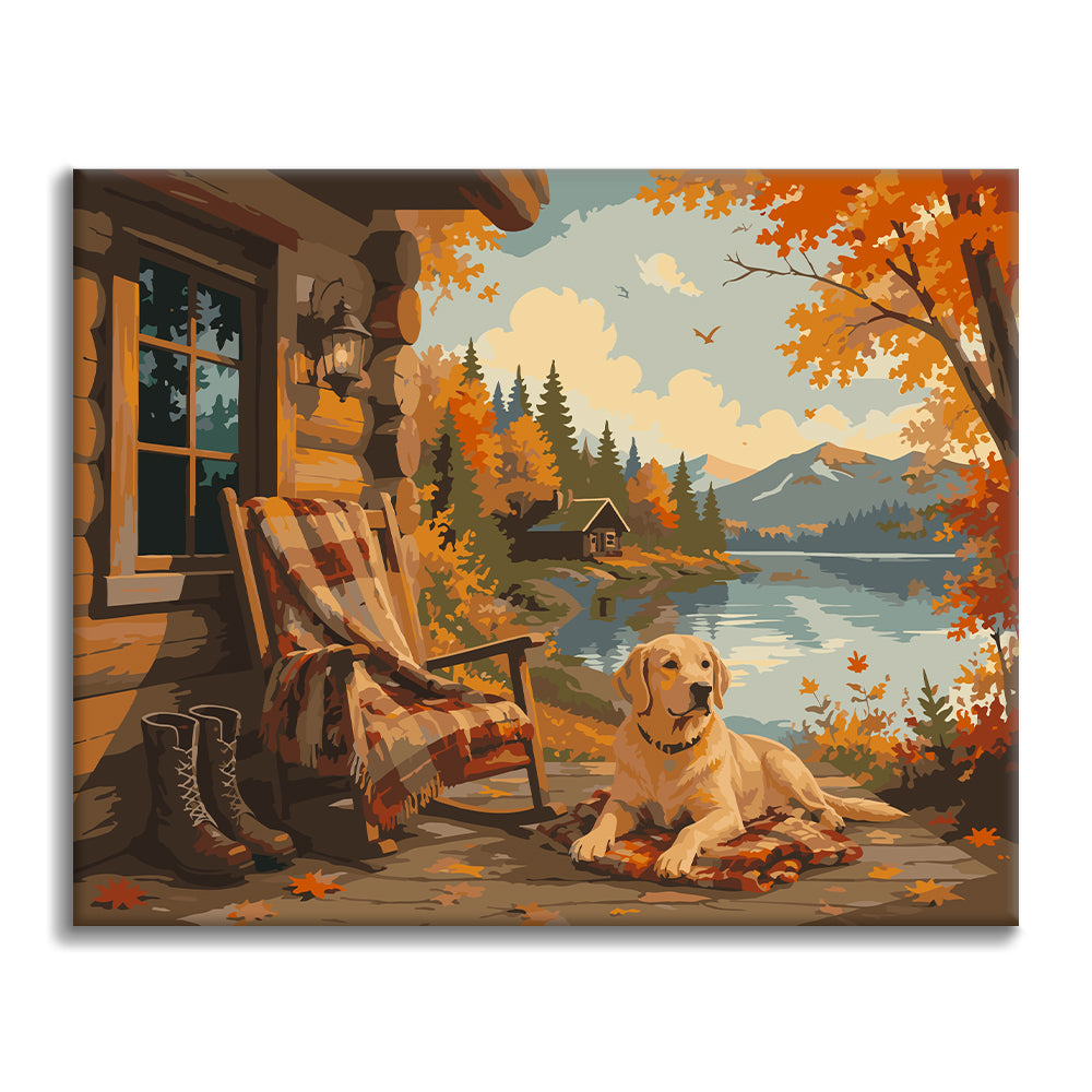 Labrador au bord d’un lac et d’un chalet en automne – Peinture par numéros